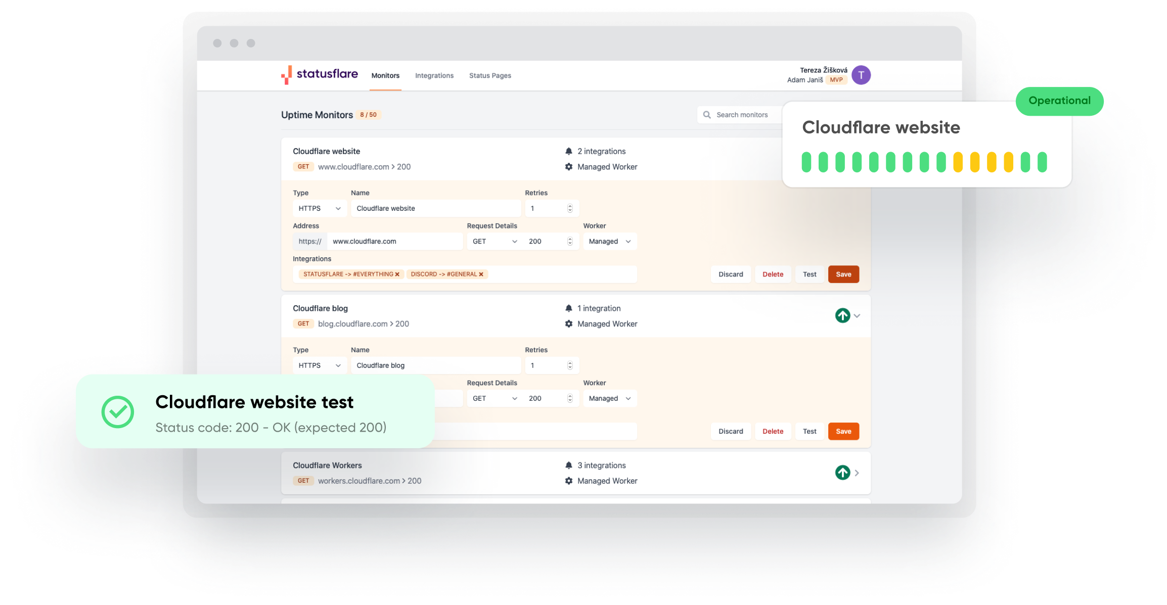Statusflare's UI, with some feature highlights.